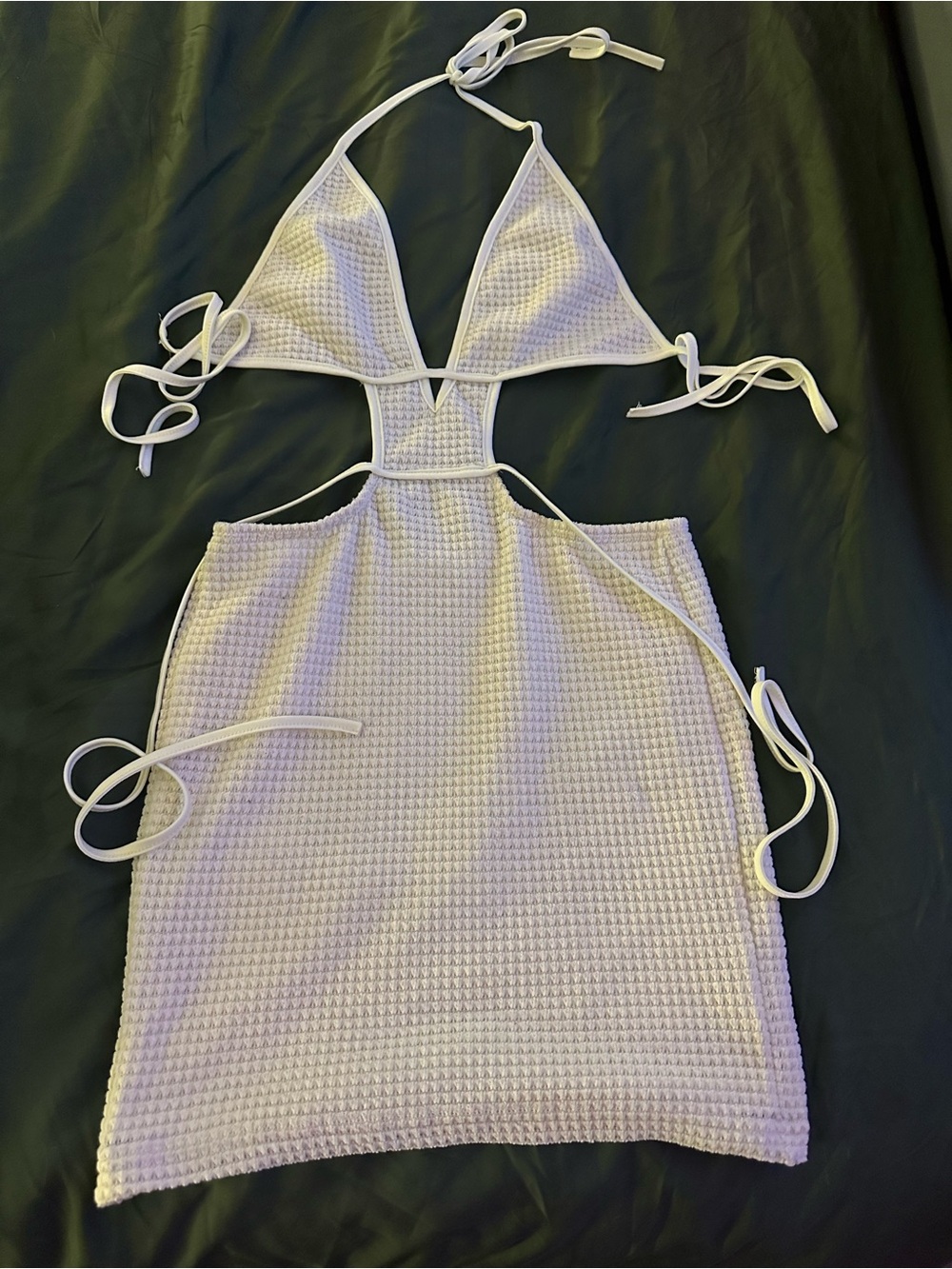 XS Cream White Crochet Cutout Halter Mini Dress - Picture 2 of 6
